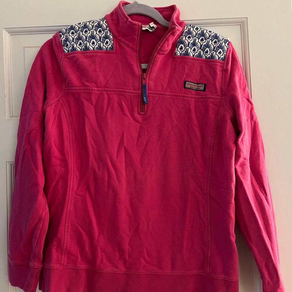 Pink Vineyard Vines Shep Shirt 1/4 zip Pullover with Navy Patterned Shoulders